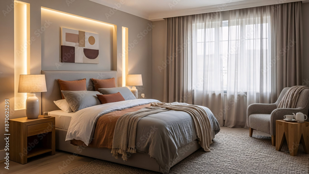 Fototapeta premium Modern Master Bedroom Interior Design with Warm Ambient Lighting, Cozy Bed with Neutral Tones and Terracotta Accents, Minimalist Luxury Home Decor and Contemporary Furniture