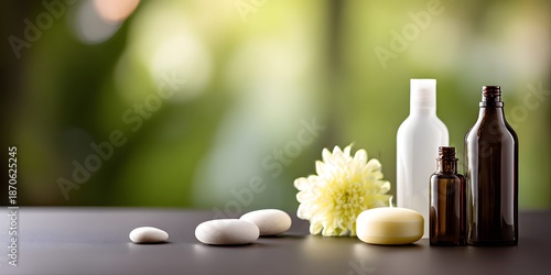 Minimal Spa Composition with White Candles Stones and Flower for Calm Wellness Background