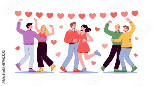 Valentine's Day Dance: couples dance under a garland of hearts, in a vibrant display of romance. a sweet image to express love feelings, capturing intimate moments.