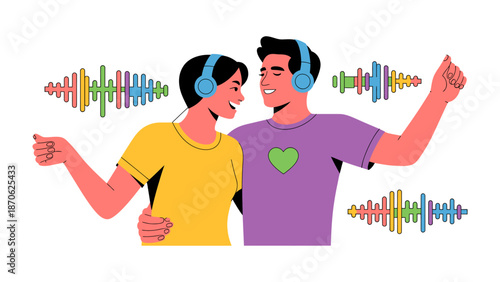 Harmony in Soundwaves: Two figures, immersed in music via headphones, move in a display of joyful connection amid colorful soundwaves