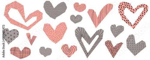 Ripped paper collage with cut out heart shapes. Vector romantic hearts collection with crayon drawn scribbles and patterns.Funky scrapbook heart stickers.