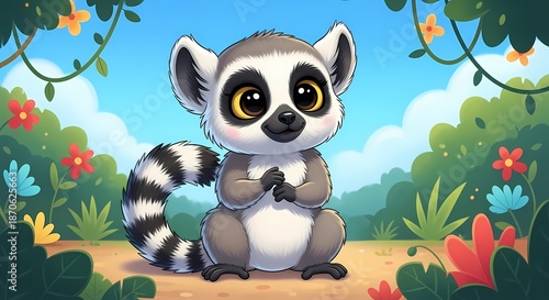 Adorable Ring Tailed Lemur Character Illustration in Lush Green Forest