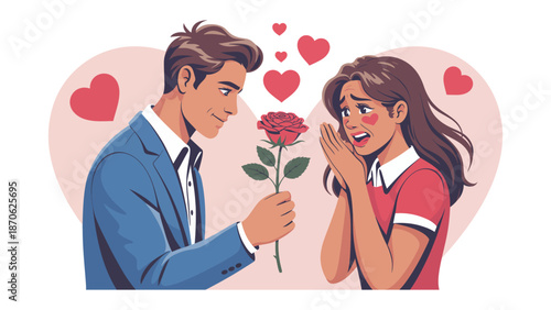 Romantic Encounter: A gentleman offers a delicate red rose to an amazed woman, symbols of affection and blossoming love.