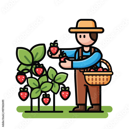 A cartoon farmer picking strawberries