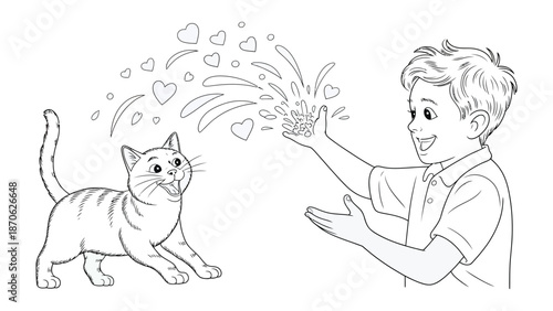 Playful Moments: A heartwarming scene unfolds as a delighted boy interacts with an adorable cat. Heart-shaped emanations symbolize affection and bond, capturing a moment of innocent joy and love.