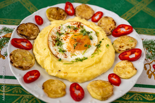 Mashed potato with fried egg, zuchini and red pepper on white plate.