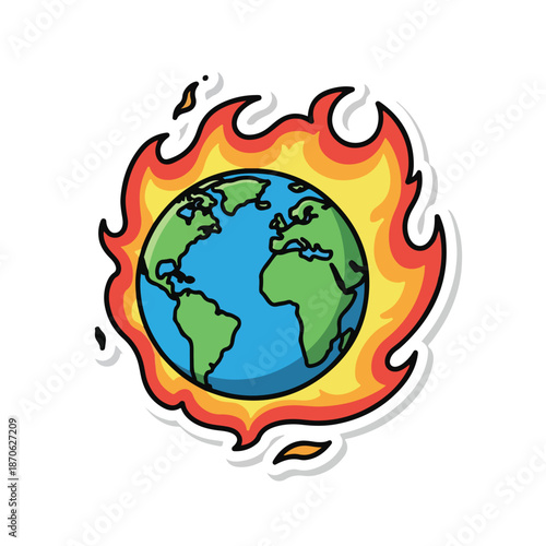 A cartoon globe surrounded by flames