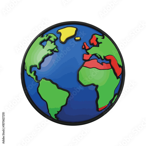 A cartoon globe with colorful continents on a white background