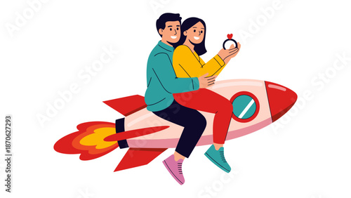 Love's Takeoff: A couple joyfully launches their relationship, embarking on an exciting journey together, with a ring symbolizing their commitment, set against a backdrop of boundless possibilities.