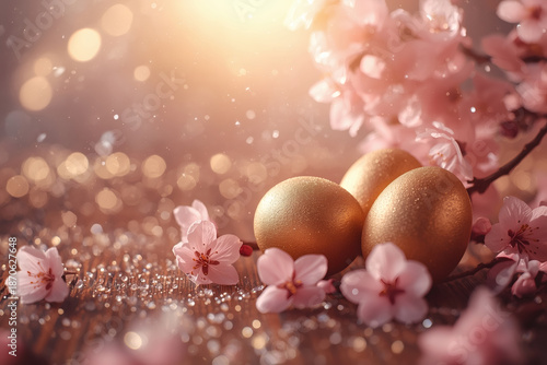The concept of a bright Easter holiday in 2026. Delicate pink Easter eggs and cherry blossom branches on a wooden background.