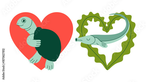 Love for Aquatic Life: A pair of charming illustrations of a turtle and a fish, each nestled within a heart, symbolizing the profound affection for marine creatures. 