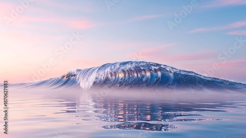 A serene ocean wave glowing with pastel hues breaks gently under a tranquil sky