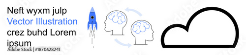 Cloud computing, innovation, data sharing, creativity, technology, storage. Rocket icon, brain exchange diagram cloud graphic. Cloud computing and innovation concept