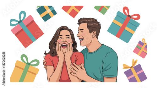 Joyous Gift Giving: A smiling couple, surrounded by floating wrapped gifts, exude happiness, sharing a moment of togetherness and affection, celebrating a special occasion.