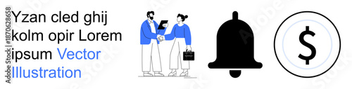Business communication, teamwork, notifications, financial transactions, productivity, collaboration. Two people shaking hands, a bell and a dollar icon. Business communication and notifications