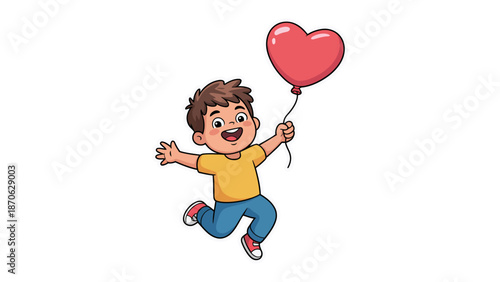 Joyful Heart Balloon: A delighted child, embodying the essence of youthful delight, joyfully leaps forward while clutching a heart-shaped balloon. It's a whimsical expression of pure.