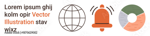 Digital communication, notifications, analytics, world networks, data visualization, alert management. Globe, bell icon and pie chart displayed. Digital communication and notifications idea