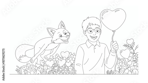 Friendship Blooms: An illustration of a boy with a fox sharing a heart-shaped balloon, representing friendship, joy, and connection.