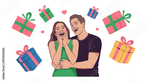 Gift of affection: A happy couple surrounded by colorful gifts, radiating joy and affection. perfect for illustrating love and special occasions. 