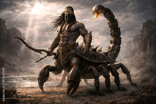Mythic Scorpion Man Warrior in Ancient Desert Landscape