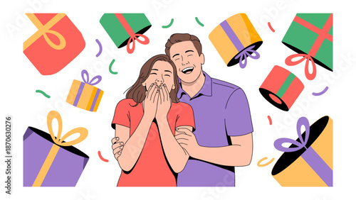 Surprise Gift: A happy couple joyfully embrace amidst a cascade of vibrant, beautifully wrapped gifts, symbolizing moments of delight, surprise, and cherished relationships.