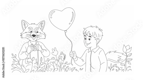 A Heartfelt Gift: A joyful fox and boy are giving heart-shaped balloon in a field full of love. A moment of sharing and affection, filled with affection and innocence.