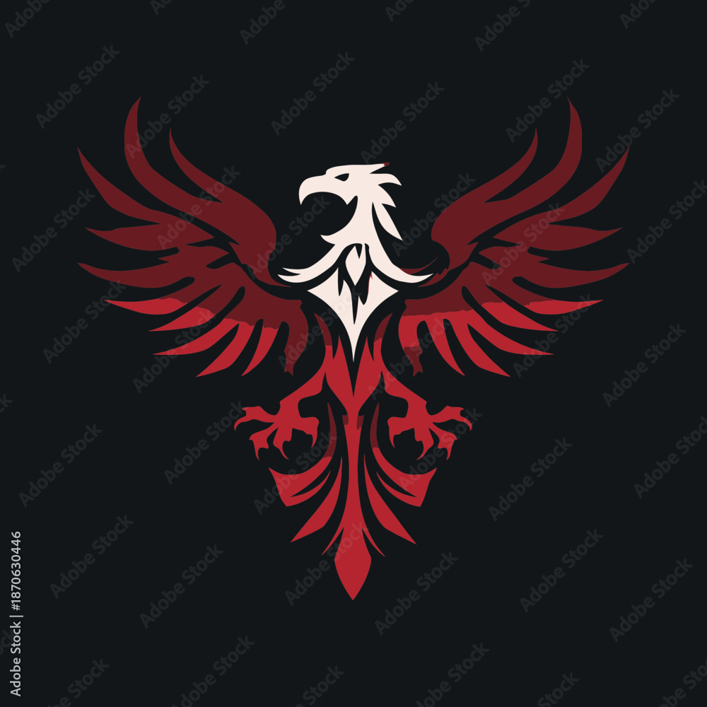 Obraz premium Stylized red and white eagle or phoenix bird illustration on dark background, majestic mythical creature symbol