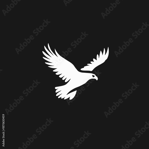 Majestic white eagle or hawk in flight, a powerful and graceful bird of prey silhouette against a stark black background, representing freedom and strength.