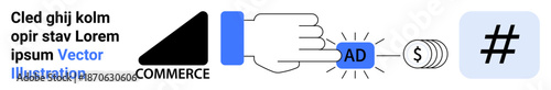 Hand clicking digital ad button, currency symbol, metadata tag, and commerce graphic. Ideal for marketing, branding, e-commerce, social media, advertising business strategy simple landing page