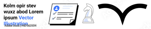 Business strategy, identity verification, achievements, decision-making, planning, personal data. Features document with profile, chess knight and black checkmark. Identity verification