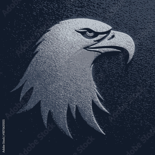 Powerful metallic embossed eagle head on a dark textured background, symbolizing leadership, freedom, and vigilance, digital art