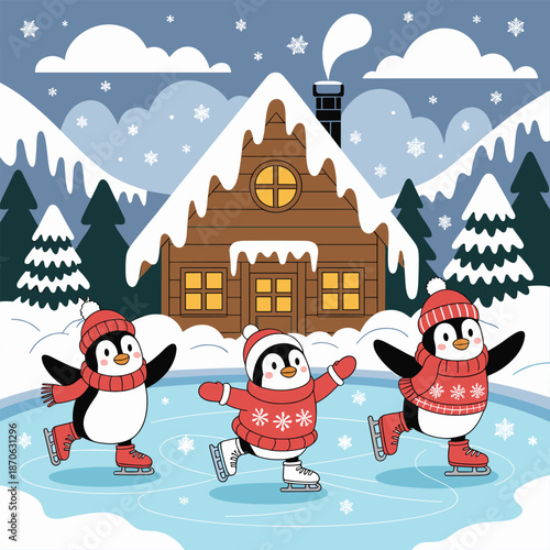Winter Wonderland Penguin: Three cheerful penguins glide and twirl on an ice rink in a serene winter scene, a cozy cabin as a backdrop. This joyful illustration celebrates the magic of winter.