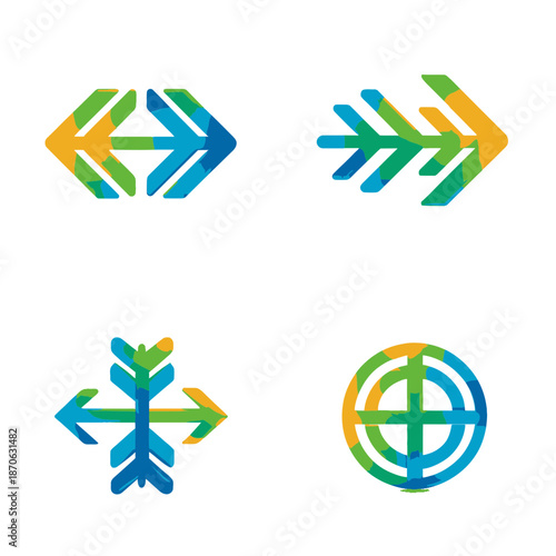 Set of Colorful Abstract Arrow Symbols and Directional Icons. Modern Geometric Multicolored Vector Illustrations for Navigation and Growth.