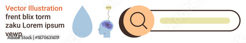 Mental processes, research tools, brainstorming, knowledge searching, problem-solving, cognitive thinking. Teardrop, head with brain magnifying glass and search bar. Mental processes and research