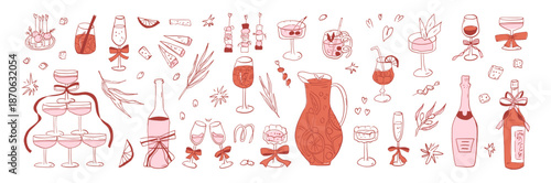Whimsical coquette bachelorette party doodle. Mediterranean wine girly event hand drawn set. Sangria pitcher, wine, tapas hand drawn mocktail, snack elements. Vector sketch wineglasses, fruit, olive.