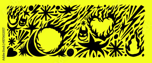 Fire, burned heart text boxes frames silhouette punk rock doodles composition. Scribble flames icons black paper cutout pattern set. Bonfire paper cutout collage background. Vector naive elements bg.