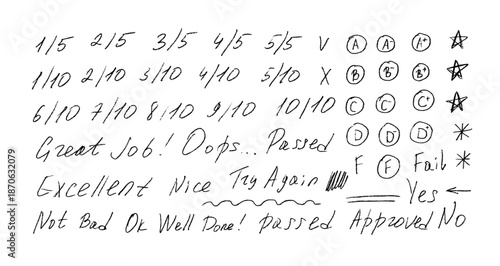 Hand-drawn school marks and exam grade symbols. Doodle pen checkmarks, circles, arrows and underlines. Teacher's handwriting elements with ink checks, crosses and plus signs for test scoring.