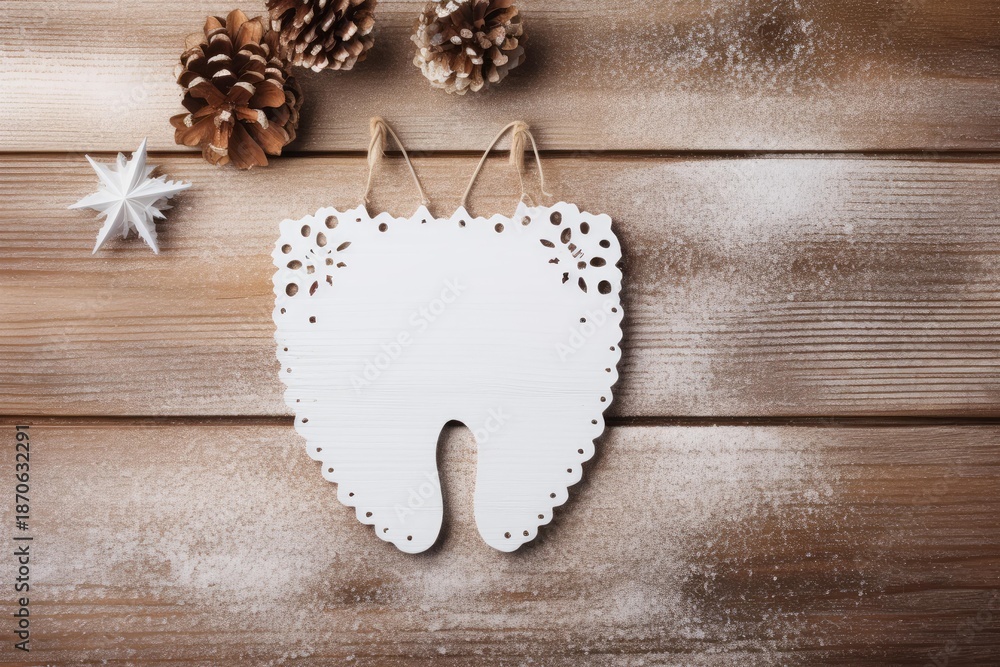 Fototapeta premium Decorative angel wings ornament with pine cones and snowflake on a snowy wooden background