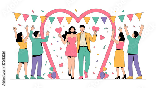 Love's Grand Entrance: A newly engaged couple strides hand-in-hand through a heart-shaped archway, greeted by a flurry of confetti and the jubilant embrace of their friends.