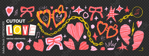 Hearts paper cutout set. Scrapbook love irregular icons. Collage locket, bowknot and doodle stars set. Scrap love red symbol stickers. Vector naive punk cut outs isolated on transparent background.