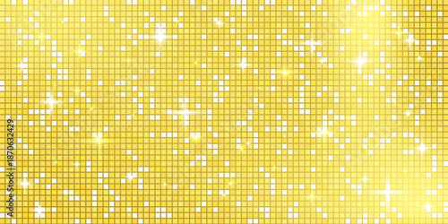 Golden retro disco ball mosaic background with mirror glitter texture. Shiny sequin pixel yellow tone pattern. Dance floor decoration. Glam sparkle wall. Vector abstract backdrop illustration.
