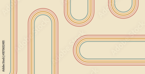 Groovy rainbow geometric lines background. Wavy stripes vintage colors cover. Playful squiggle wave arch wall design. Vector retro beige wiggle ornament. Backdrop with classic decor.