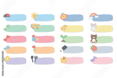 やさしいパステルカラーのワンポイント付きボタン素材セット｜Pastel Button & Label Illustration Set for Kindergarten