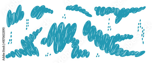 Pastel brush irregular blobs with chalk-like texture set. Hand-drawn clouds doodle elements in blue colors. Perfect for creative illustrations, stickers, and graphic designs. Vector amoeba elements.
