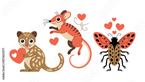 Valentine's Day Trio of Love: A delightful illustration featuring an adorable trio of loving creatures. A furry creature holding a heart, a mouse with wings, and a cute insect exuding pure charm.