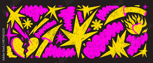 Neon colors hand-drawn doodle shapes. Abstract geometric figures oil pastel drawn. Crayon arrow, broken heart bob elements, stars and doodles punk form. Scribble irregular vector brush set isolated.