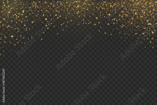 Gold glitter dust background. Shimmer spray effect for celebration banners. Shiny confetti, stardust light powder texture. Festive particles border isolated on dark background. Vector illustration.