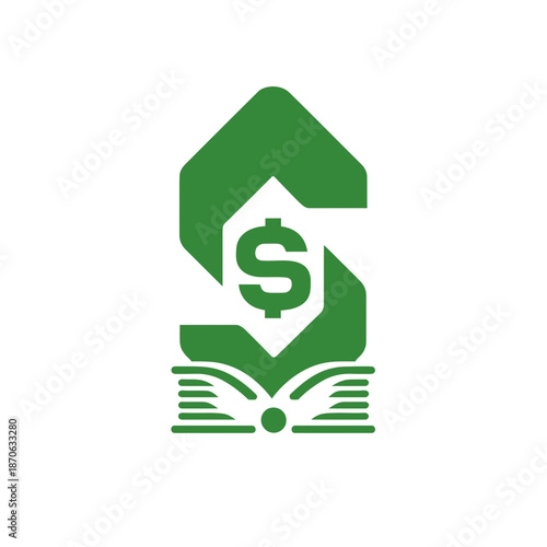 Green abstract icon representing financial education, savings, and money management with a dollar sign, open book, and stylized letter S.