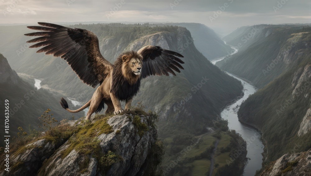 Fototapeta premium Majestic Winged Lion Perched on Mountain Peak Overlooking Winding River Valley.