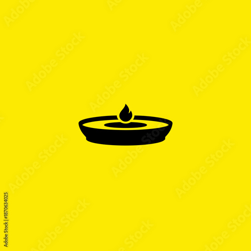 Minimalist Black Silhouette Oil Lamp or Floating Candle Icon with Flame on Vibrant Yellow Background